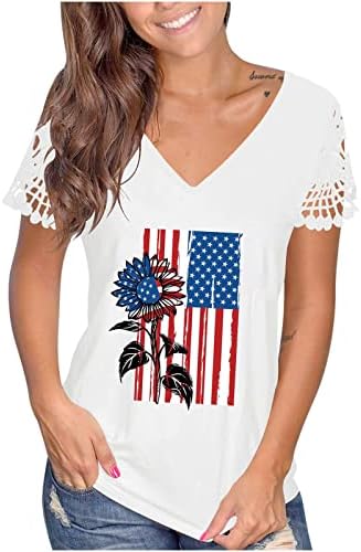 Cămăși de lounge pentru fete adolescente bluze cu mânecă scurtă bustier tricouri plonjând decolteu dantelă SUA Flag Flower