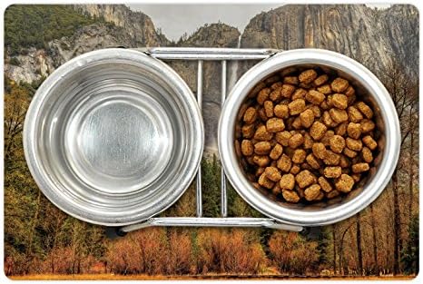 Ambesonne Yosemite Covoraș pentru animale de companie pentru hrană și apă, Yosemite Falls Trees Mountain Cliff Autumn National