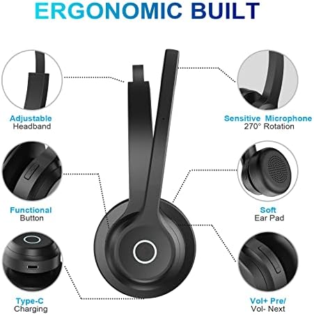 Căști Bluetooth cu microfon, căști cu cască wireless, căști modernizate de anulare a zgomotului cu cvc8.0 microfon dual, mâini