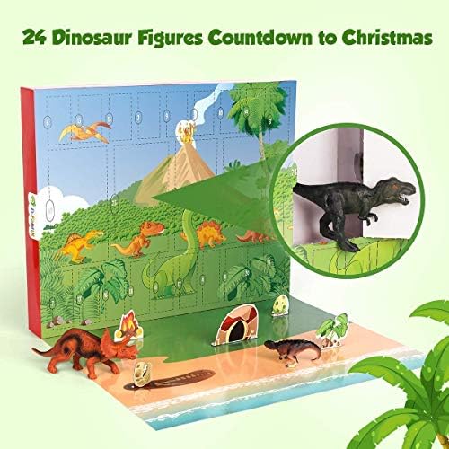 D-FantiX + Dinosaur Figures jucării Advent Calendar + 3.75 ft agățat de perete Santa Felt Advent Calendar
