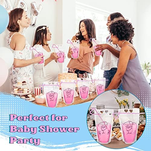 48 de piese urs roz Baby Shower Party băutură Husă cupe cu paie este o fată cu fermoar pungi de băuturi Reclosable Roz plastic