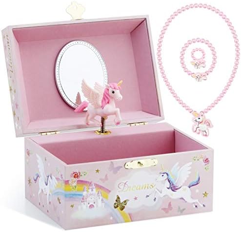 RR ROUND RICH DESIGN muzical Bijuterii sclipici cutie de depozitare și set de bijuterii pentru fetițe cu Unicorn învârtit și