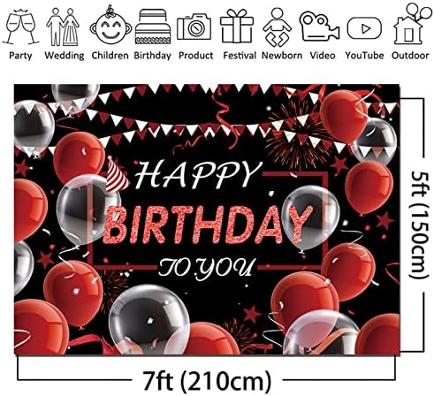 La mulți ani fotografie fundal 7x5ft Poliester roșu și negru balon Confetti decorare ziua de naștere Photo Booth fundal pentru