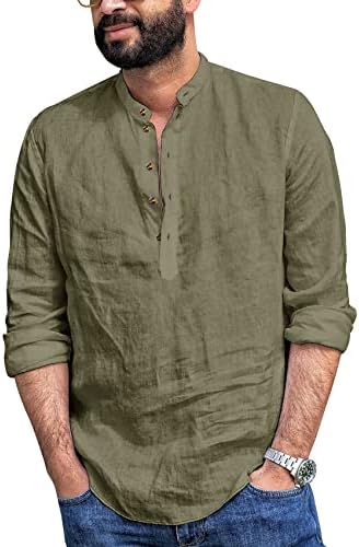 Hestenve Mens Linen Henley Cămașă cu mânecă lungă casual Tricou de vară plajă Placă Placă Tops Army Green
