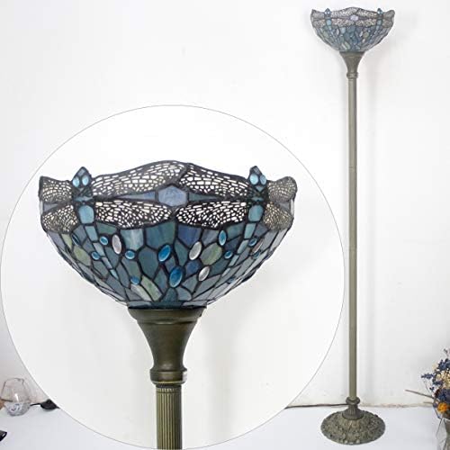 Werfactory Tiffany lampa de podea mare albastru vitralii Dragonfly lumina 12x12x66 inch Pol Torchiere Standing Corner torta