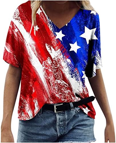 Vest Tricouri pentru femei American Flag Print Topuri V Neck maneca scurta T Shirt 4 iulie Ziua Independenței Bluze