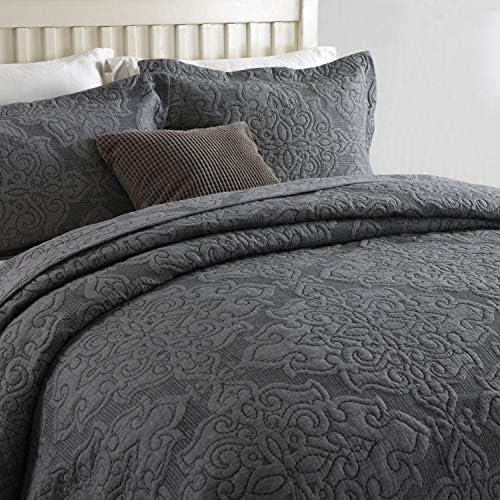 Newlake Reversible Quilt Spread Brodated Microfiber Coverlet Set, Jacquard în relief Floral, Gri, King Size