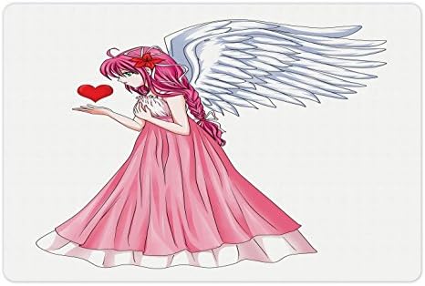 Ambesonne Anime pet Mat pentru mâncare și apă, personaj înger într-o rochie roz care ține o inimă Romantic Ziua Îndrăgostiților,
