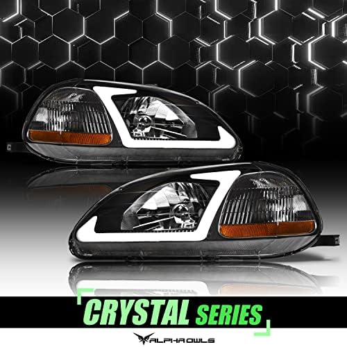 Alpha Owls 8709504 faruri de cristal cu bara de lumină LED albă-negru chihlimbar se potrivește 1996-1998 Honda Civic