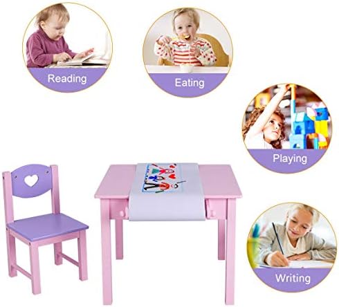 Masă de artă pentru copii din nuc și 2 scaune Set cu suport pentru role de hârtie și 2 sertare pentru vopsire