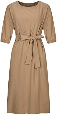 Rochie cu curea cu curea midi pentru femei rochii casual cu mânecă, rochie solidă pentru femei, rochie de lenjerie de bumbac