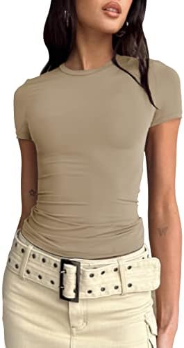 Safrisior Women Women de bază pentru cultură solidă tricouri tricouri cu gât rotund cu mânecă scurtă formă potrivită antrenament