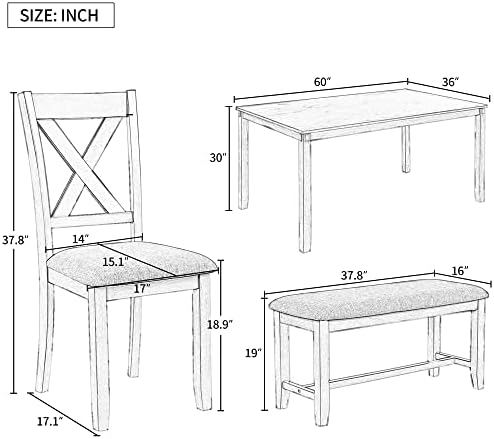 Merax set de masă de bucătărie din lemn din 6 piese cu 4 scaune și bancă din material textil, Mobilier de familie, cireș Natural_6pcs_2