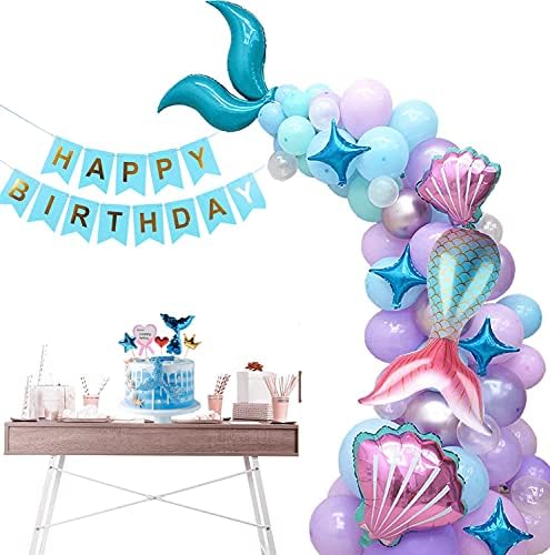 Mermaid Birthday Decorations for Girls, 105pcs All-In-One Mermaid Birthday Supplies Kit, inclusiv Banner Albastru Happy Birthday,