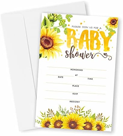 Carduri de invitație pentru duș pentru copii cu plicuri, invitații de floarea soarelui pentru dușuri și petreceri pentru copii-pachet de 25- （YQK-018）
