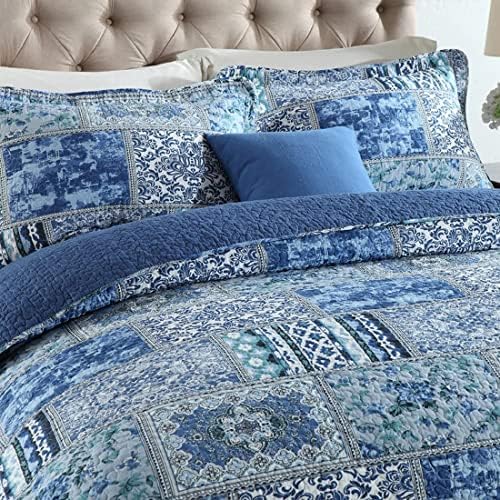 Set de paturi de bumbac Maifun Set de pat Queen/Dimensiune completă, Blue Classic Bohemian Floral Patchwork Moderns, o pat