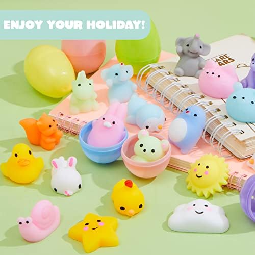 Joyin 24 PC -uri ouă de Paște cu jucării cu mochi de animale, mini Kawaii Squishy Squeeze Stress Relief Jucării pentru umpluturi de coș de Paște, favoruri pentru petreceri de Paște, Vânătoare de ouă de Paște, Premii pentru clasă