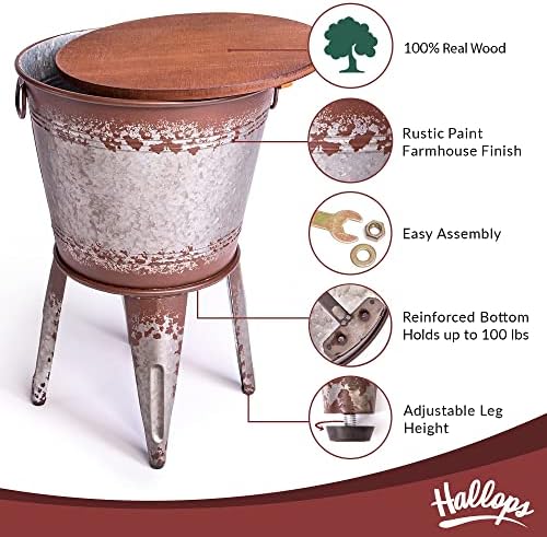 Hallops masă laterală cu accent de fermă / măsuță de cafea rustică galvanizată / depozitare metalică husă din lemn Otoman cu