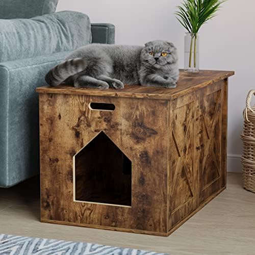Mino Kesper cutie de gunoi pentru pisici din lemn, Cutie de gunoi pentru pisici mobilier ascuns, cutie de gunoi cu capac și deschidere frontală, toaletă secretă ascunsă pentru pisici cu ușă pentru pisici dreapta/stânga
