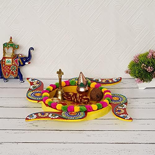 Din lemn decorativ manual Sathiya Thali Formă rotundă Pooja Thali pictat manual Mennakari Work Aarti Puja Plate pentru Home