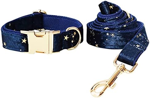 Guler de câine de catifea albastru generic și lesă pentru Crăciunul de aur cu sclipici de aur stele personalizate pentru animale