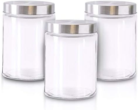Containere pentru depozitarea alimentelor-Set de 3 borcane de sticlă cu capace din oțel inoxidabil-recipiente pătrate din sticlă