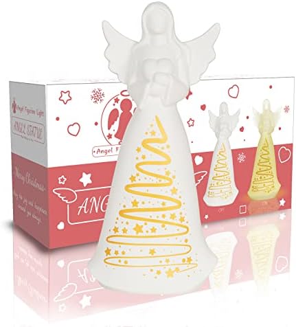 Starsoul Două tipuri de figurine de înger de inimă cu lumini LED, statui de înger ceramică de Crăciun amintire decorativă cadou