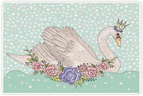 Ambesonne Queen pet Mat pentru hrană și apă, Cartoon Swan on Water Crown Flowers Dreamy Playroom, covoraș din cauciuc antiderapant