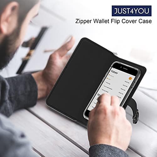 Husă JUST4YOU iPhone SE 2020, Husă portofel cu fermoar pentru iPhone 7/8 cu suport pentru card cu curea Husă Flip din piele