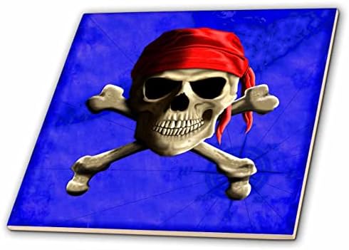3dRose un craniu pirat Jolly Roger și oase încrucișate pe o hartă pirat albastru. - Gresie