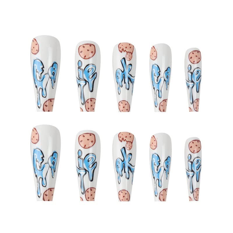 Doubnine apăsați pe unghii Super lung pătrat Mat desen animat albastru 2D unghii False artificiale acoperire completă deget
