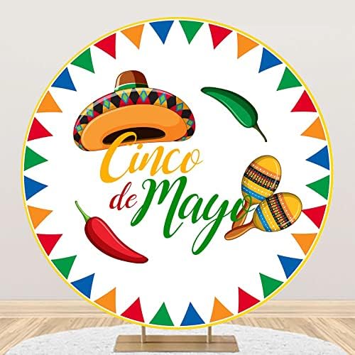 Canessioa 6.5x6.5ft Cinco de Mayo Rotund Fundal Copertă Polyster Mexic Festival Carnaval Sombrero chilly Maracas Mexican Fiesta