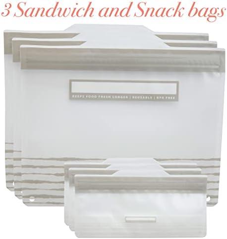Detalii bucătărie Set de 6 piese pungi reutilizabile / 3 Sandwich și 3 gustări de dimensiuni / sigiliu cu fermoar etanș | rezistent la scurgeri / fără BPA / material sigur pentru alimente / depozitare alimente / congelator sigur / Gri