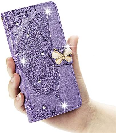 Meikonst Diamant Fluture caz pentru iPhone 12, elegant Bling relief Flip portofel Stand Card Slot magnetice incuietoare moale PU piele acoperi pentru iPhone 12 / iPhone 12 Pro, DSD lumina violet
