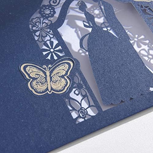 Jofanza 5x7.2 inch 50pcs Set personalizat de invitații de nuntă albastru bleumarin cu plicuri cu laser tăiat fluture floral