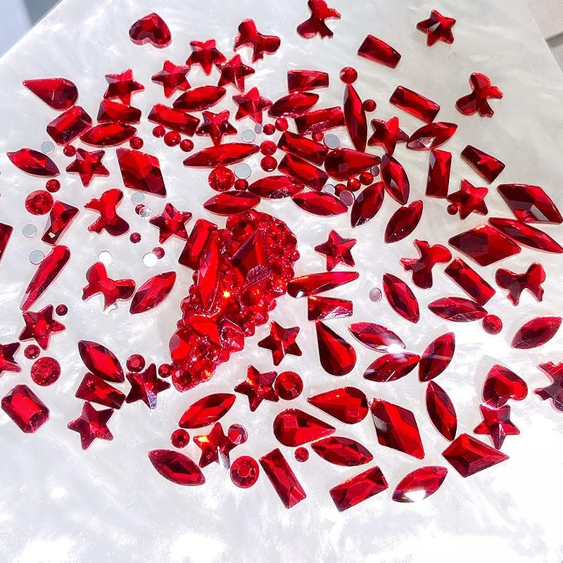 Yawall mari pietre unice unice, aproximativ 100 pcs roșii roșii pentru unghii ， MULTI FORME Amestecă Pietre de unghii cu unghii