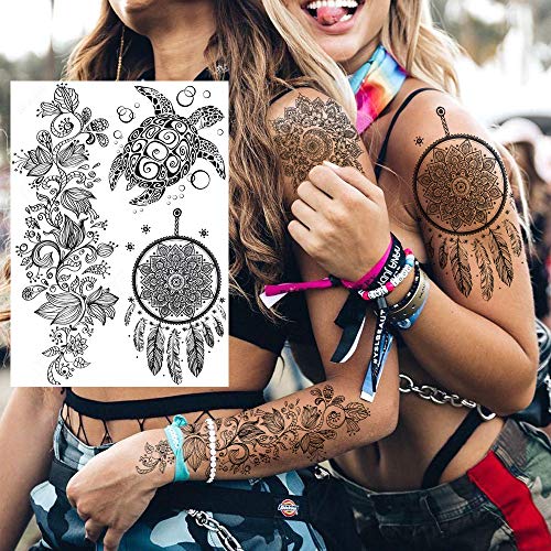 6 foi fanhi Tribale indiene Negre Tatuaje temporare pentru femei, tatuaje mari cu dantelă impermeabilă lotus Mandala Floare