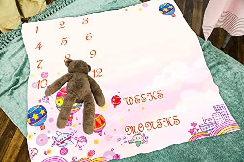 Lylycty Baby Monthly Milestone Băie fată, Rainbow Hot Air Balloon Fairytale Memorie Plantă Pink Pink Baby Creștere Chart Bătură,