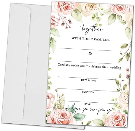 Carduri de invitație de nuntă florală - Invitați cardstock pentru recepții de petreceri de nuntă - 25 de cărți și 25 de plicuri