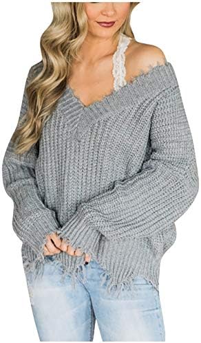 Pulovere pentru femei 2022 Casual Waffle Tricot pulovere cu mânecă lungă V Tops pentru gât asimetric Jumper supradimensionat