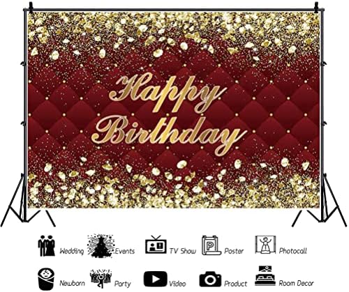 Yeele 12x8ft Burgundy Happy Birthday fundal roșu și auriu Sparkle Spots Dot & nbsp; adulți 40th 50th Birthday Party Decoratiuni