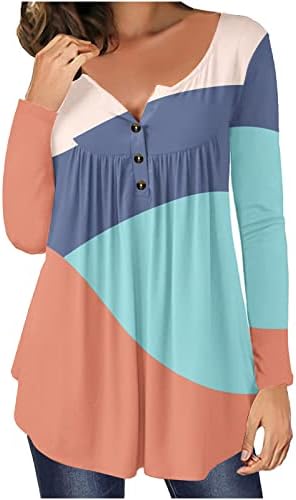 Tunică de bloc de culoare pentru femei Tunică Echined Casual V gât tricouri cu mânecă lungă, cămașă Henley Bluză pluti