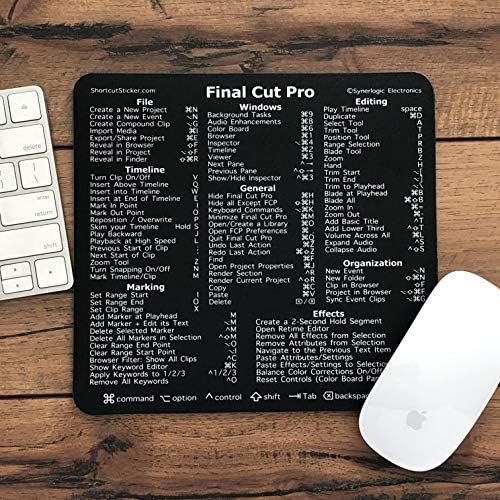 Ghid de referință Synerlogic Final Cut Pro Tastatură de scurtătură Mousepad - Negru - Cauciuc non -alunecat laminat premium