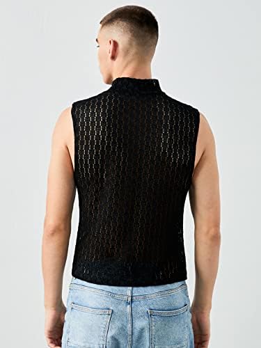 Wdirara pentru bărbați, de contrast de plasă de plasă tricotat tricot tricot top fără mâneci, cămașă de petrecere a gâtului înalt