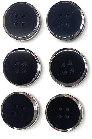 Set de 6 butoane negre cu jet - Sticlă neagră cu 2 găuri design cu jante din argint 7/8 '', pentru rochie și costume