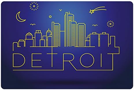 Covoraș pentru animale de companie Ambesonne Detroit pentru hrană și apă, peisaj urban grafic minimalist al arhitecturii orașului Detroit și elemente de cer, covoraș din cauciuc antiderapant dreptunghiular pentru câini și pisici, albastru și galben