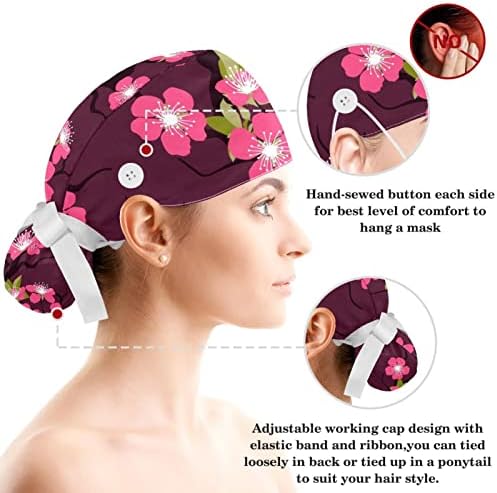 Medical Caps reglabil capac de lucru cu butoane și Arcul păr Scrunchy Cherry Blossom floare