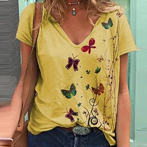 Femei tricou cu mânecă scurtă 2023 Cotton Deep V gât fluture Fluture Floral Graphic Loose Fit Top pentru fete 11