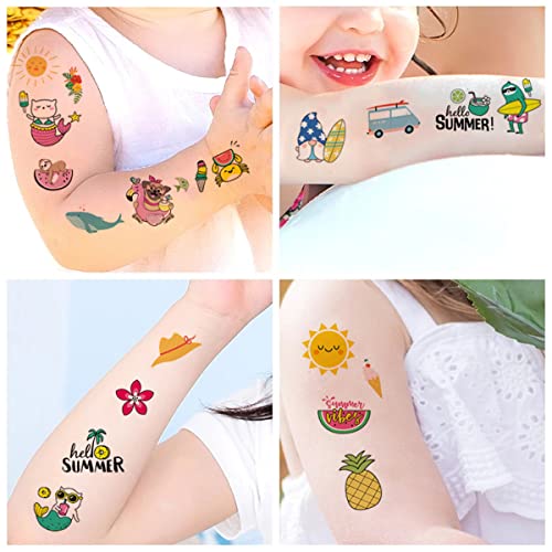 Tatuaje temporare hawaiiene, tatuaje false tematice Luau pentru copii, 10 foi piscină de vară plajă tropicală autocolante Temporare