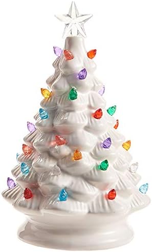 Raz White Ceramic Light Up Christmas Tree Tabletop Figurină, 8 inch